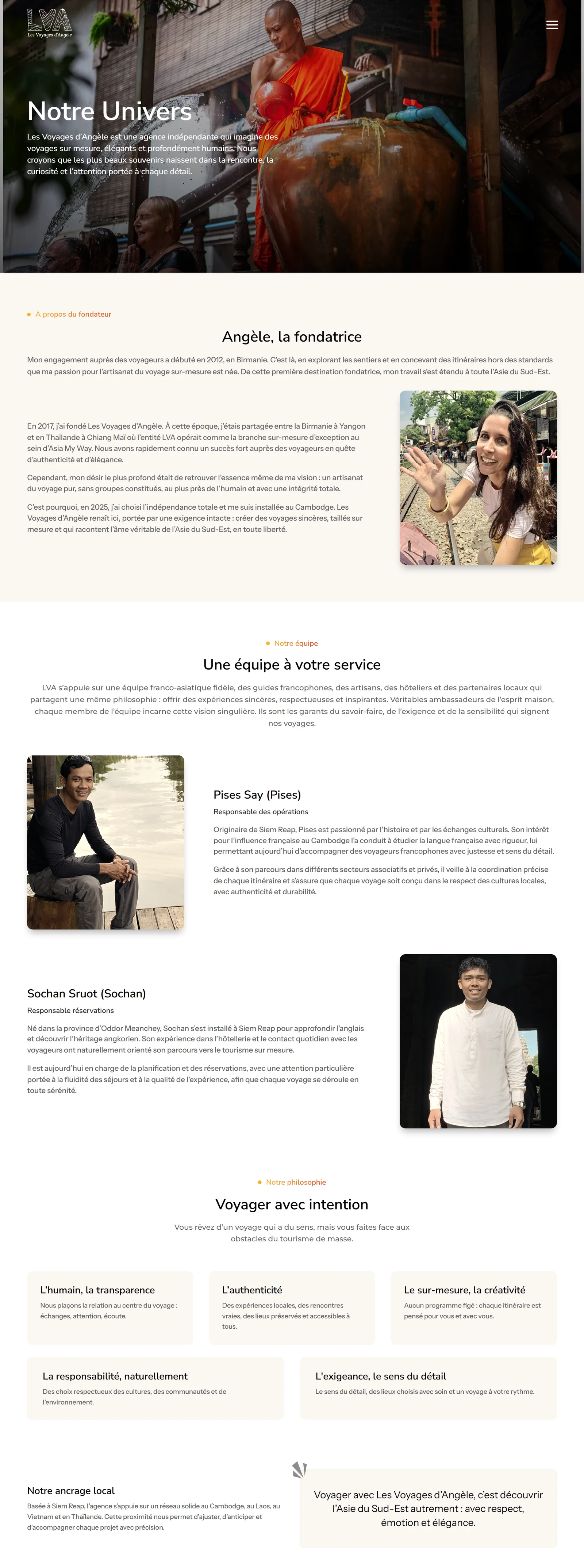 Capture de la page Notre Univers du site Les Voyages d’Angèle, présentant la fondatrice, l’équipe et la philosophie de la marque.