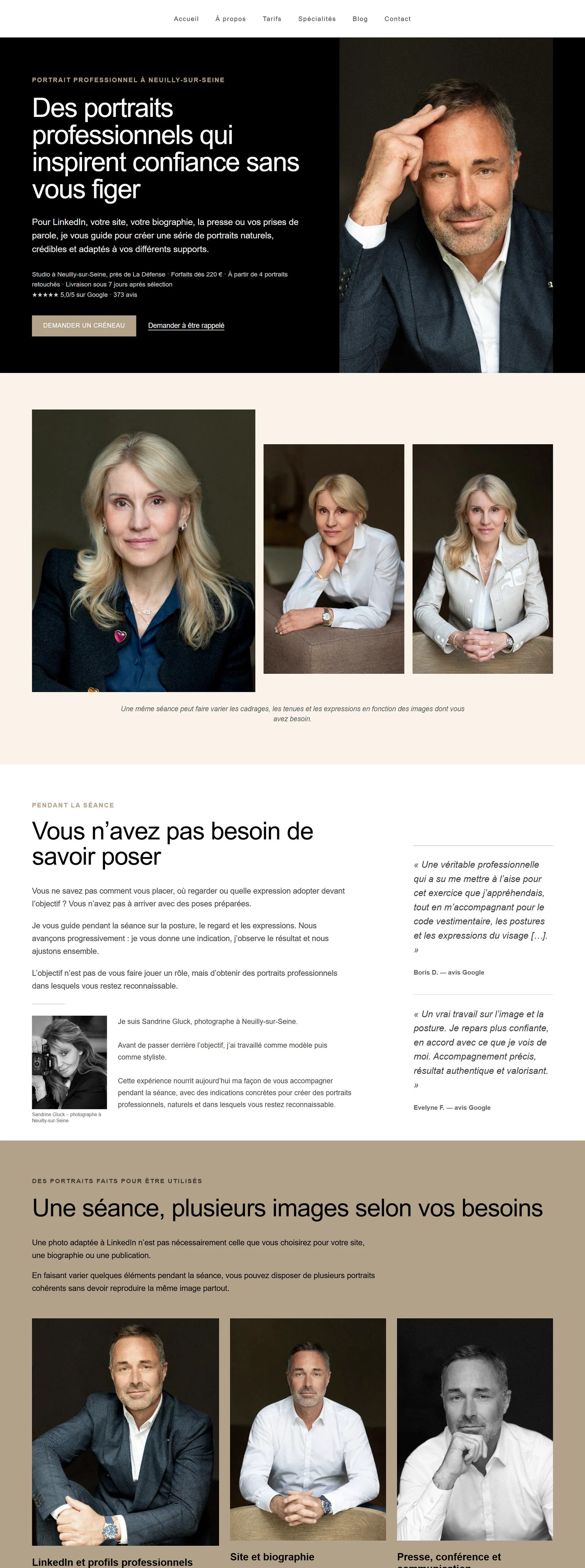 Capture de la landing page portrait professionnel de Sandrine Gluck, montrant le hero, des portraits, les repères de séance et la structure de l’offre.