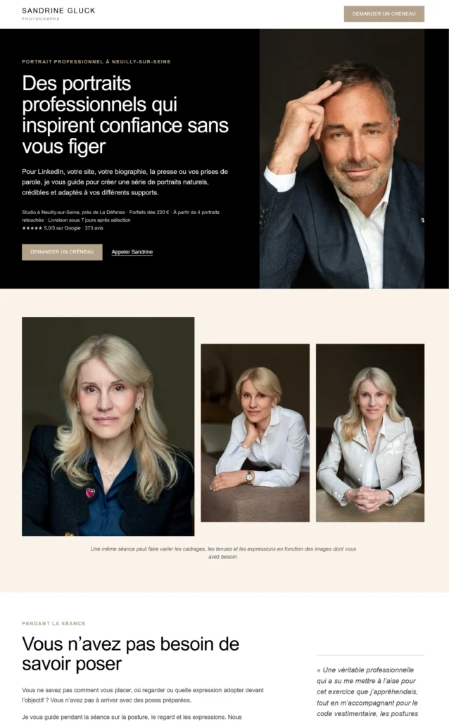 Capture de la landing page portrait professionnel de Sandrine Gluck